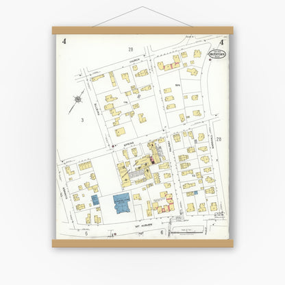 Old map wall art mockup — magnetic wood frame on white wall — Sanborn Fire Insurance Map from Watertown, Middlesex County, Massachusetts (1923), Sheet #0004