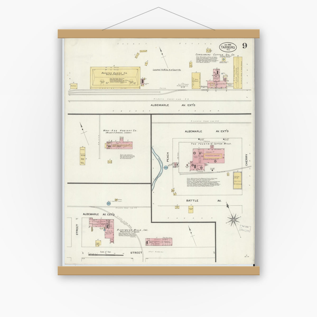 Old map wall art mockup — magnetic wood frame on white wall — Sanborn Fire Insurance Map from Tarboro, Edgecombe County, North Carolina (1908), Sheet #0009