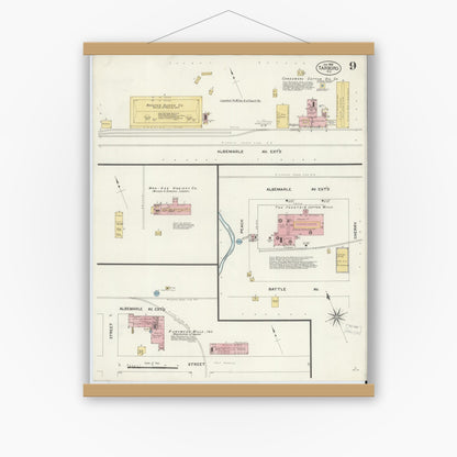Old map wall art mockup — magnetic wood frame on white wall — Sanborn Fire Insurance Map from Tarboro, Edgecombe County, North Carolina (1908), Sheet #0009