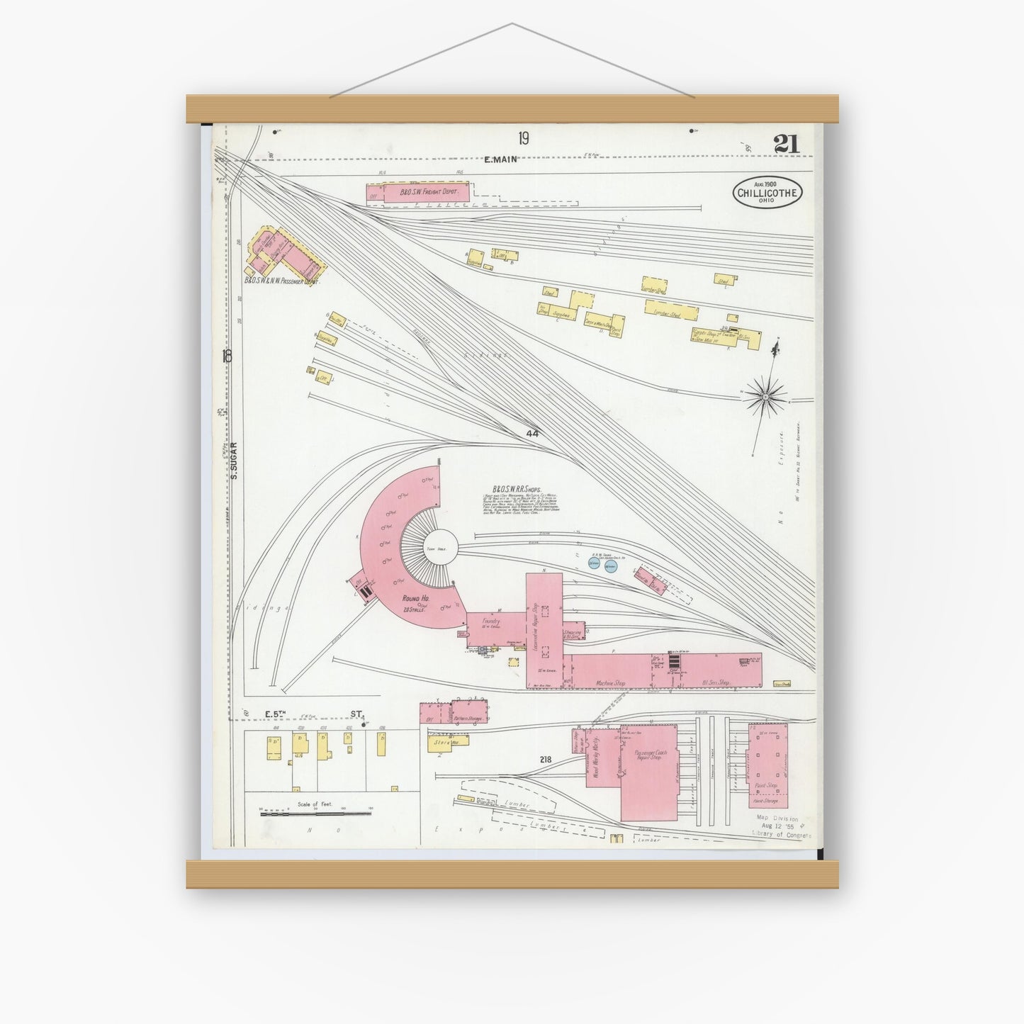Old map wall art mockup — magnetic wood frame on white wall — Sanborn Fire Insurance Map from Chillicothe, Ross County, Ohio (1900), Sheet #0021