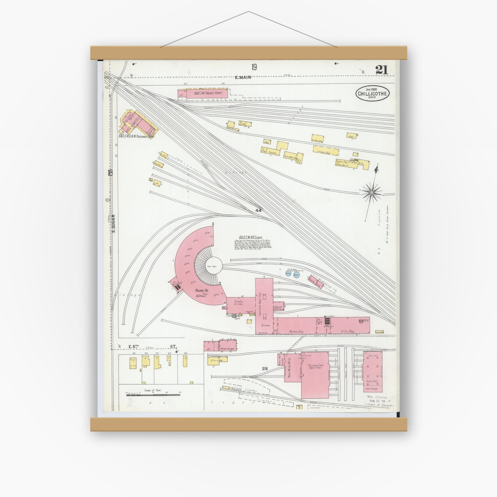 Old map wall art mockup — magnetic wood frame on white wall — Sanborn Fire Insurance Map from Chillicothe, Ross County, Ohio (1900), Sheet #0021