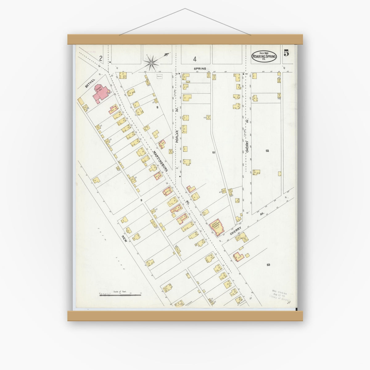Old map wall art mockup — magnetic wood frame on white wall — Sanborn Fire Insurance Map from Roaring Spring, Blair County, Pennsylvania (1904), Sheet #0005