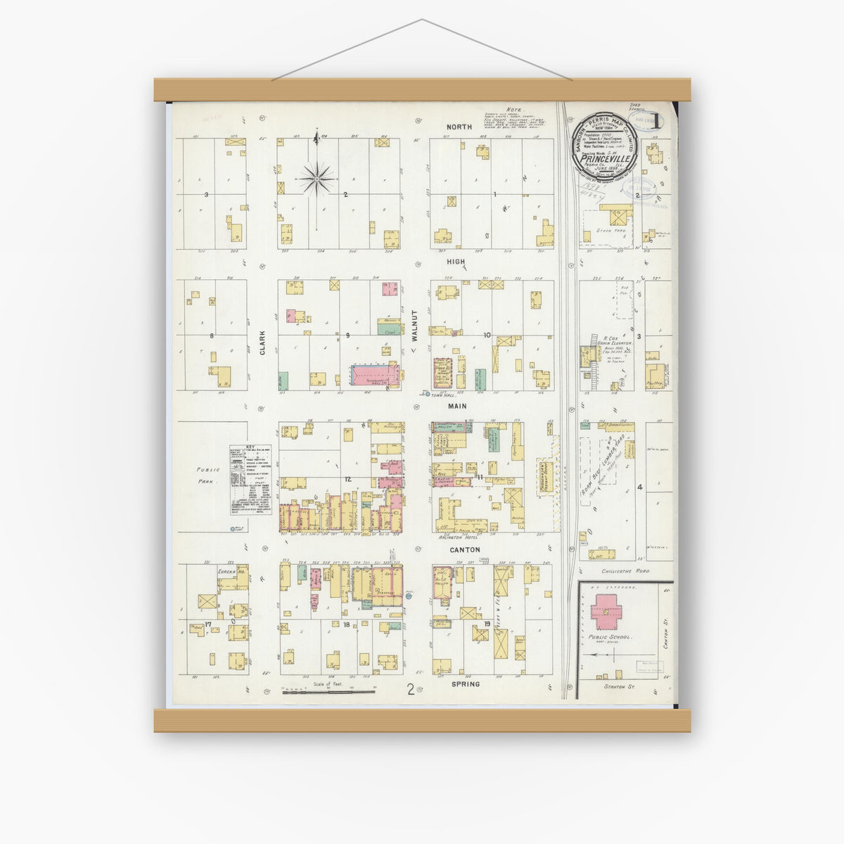 Old map wall art mockup — magnetic wood frame on white wall — Sanborn Fire Insurance Map from Princeville, Peoria County, Illinois (1898) - Complete Map Set
