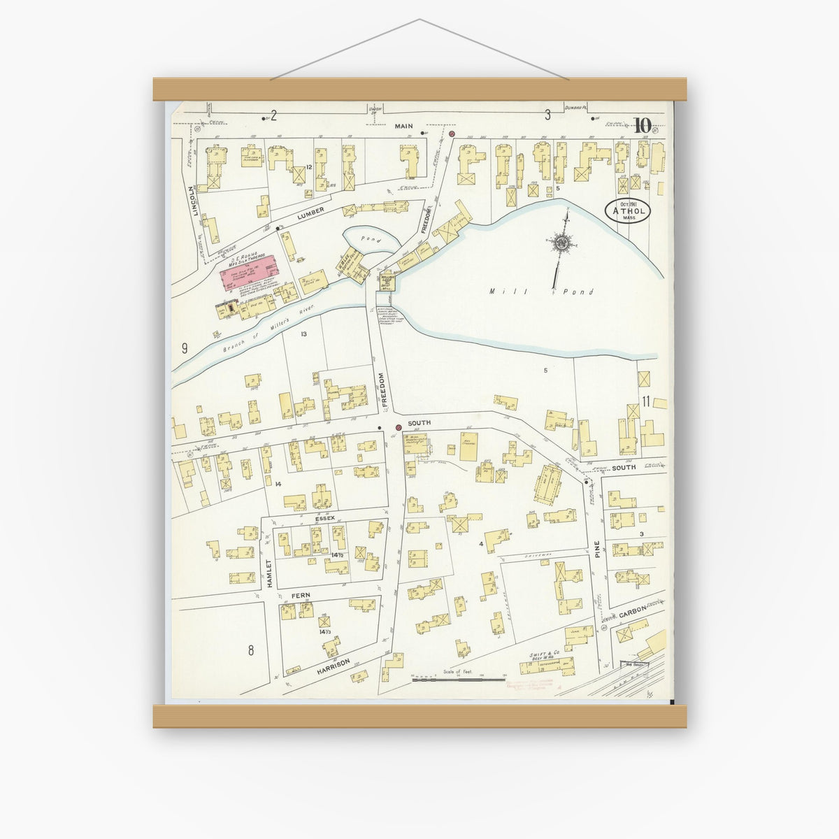 Old map wall art mockup — magnetic wood frame on white wall — Sanborn Fire Insurance Map from Athol, Worcester County, Massachusetts (1911), Sheet #0010