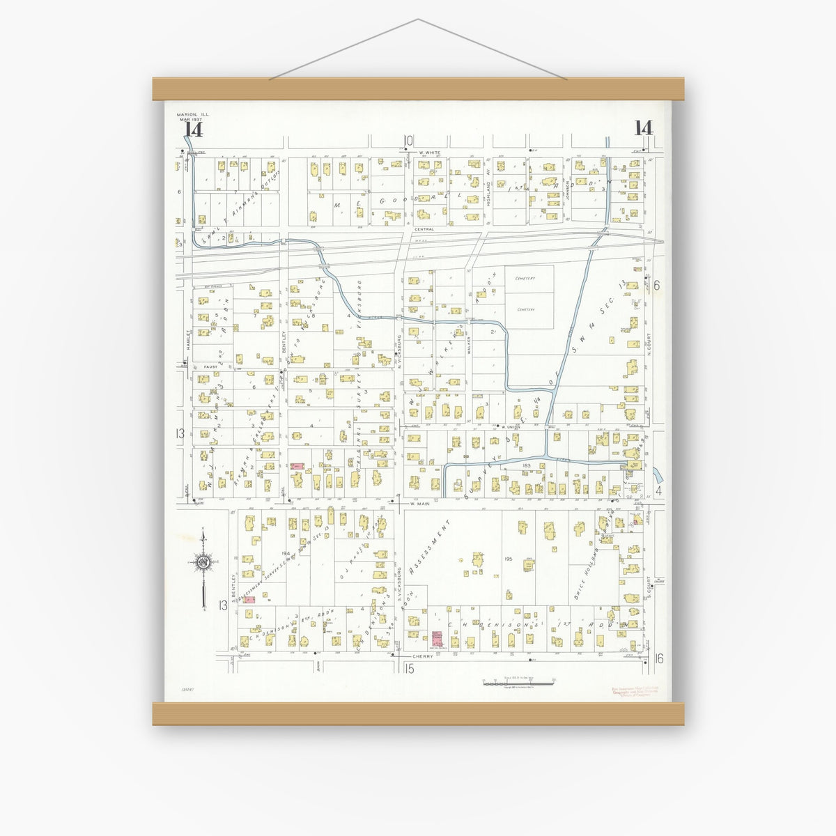 Old map wall art mockup — magnetic wood frame on white wall — Sanborn Fire Insurance Map from Marion, Williamson County, Illinois (1937), Sheet #0014