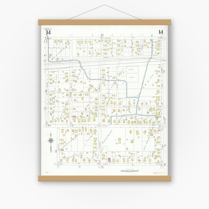 Old map wall art mockup — magnetic wood frame on white wall — Sanborn Fire Insurance Map from Marion, Williamson County, Illinois (1937), Sheet #0014