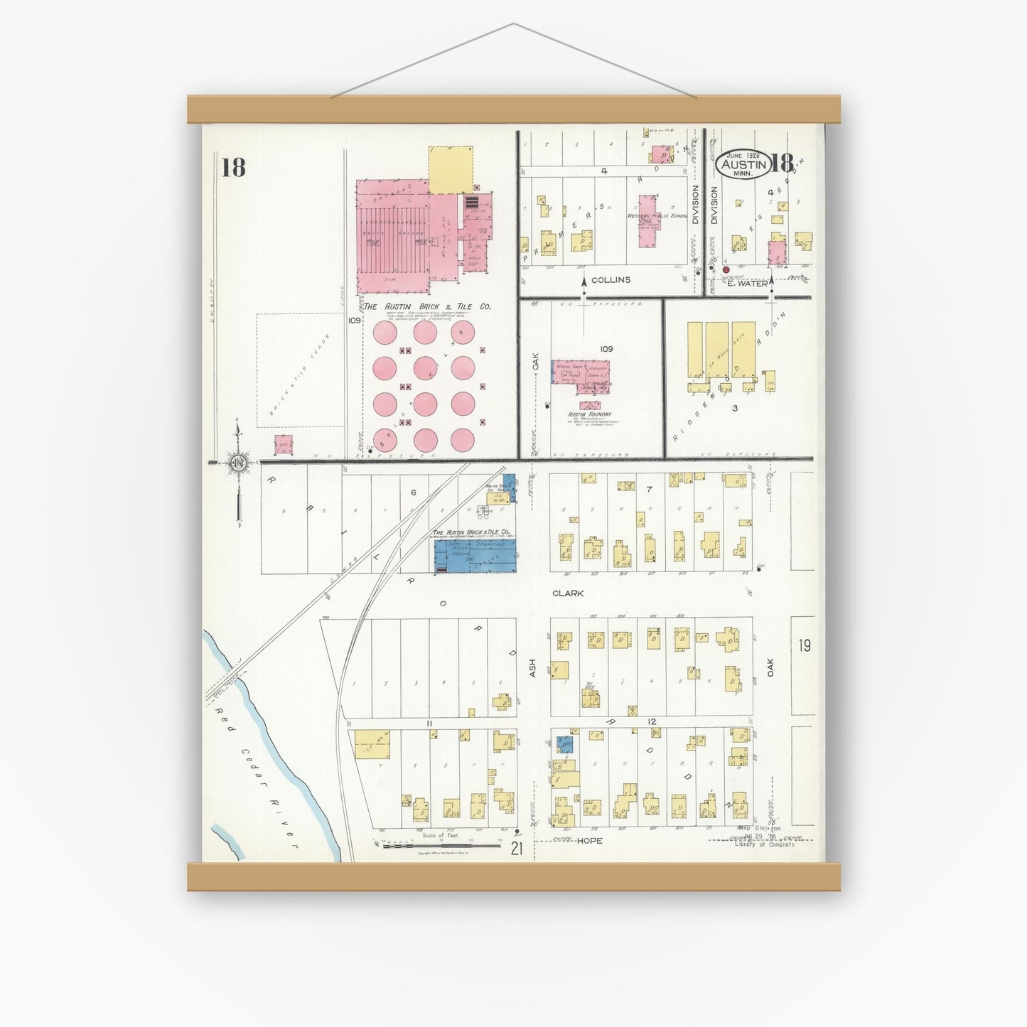 Old map wall art mockup — magnetic wood frame on white wall — Sanborn Fire Insurance Map from Austin, Mower County, Minnesota (1926), Sheet #0018