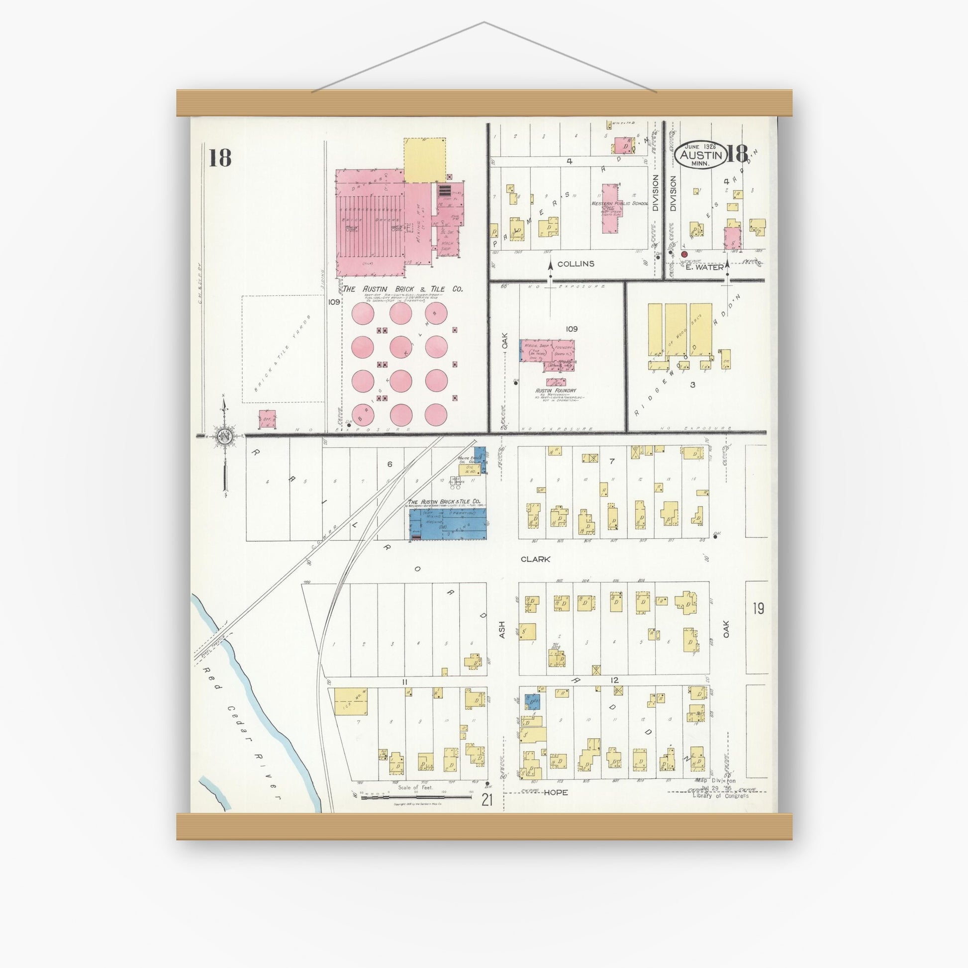 Old map wall art mockup — magnetic wood frame on white wall — Sanborn Fire Insurance Map from Austin, Mower County, Minnesota (1926), Sheet #0018