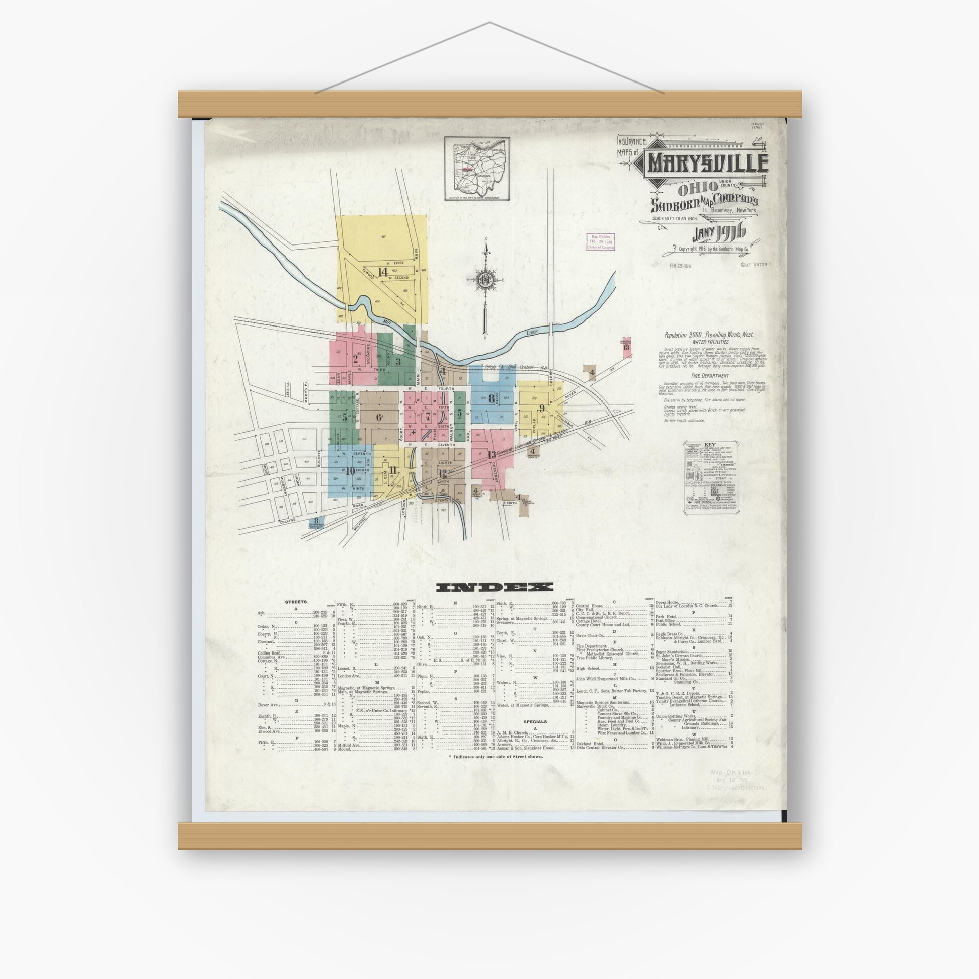 Old map wall art mockup — magnetic wood frame on white wall — Sanborn Fire Insurance Map from Marysville, Union County, Ohio (1916), Sheet #0001