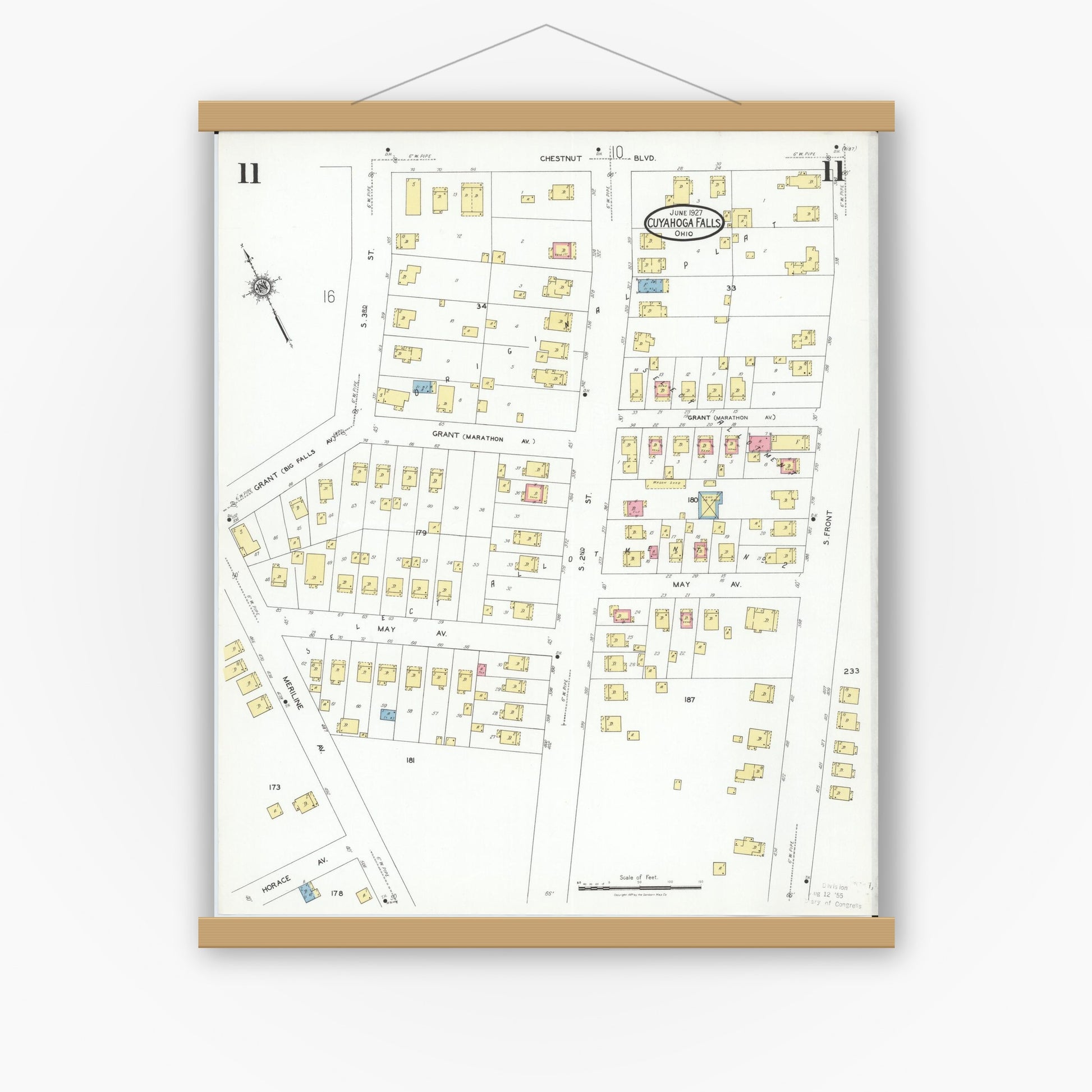 Old map wall art mockup — magnetic wood frame on white wall — Sanborn Fire Insurance Map from Cuyahoga Falls, Summit County, Ohio (1927), Sheet #0011
