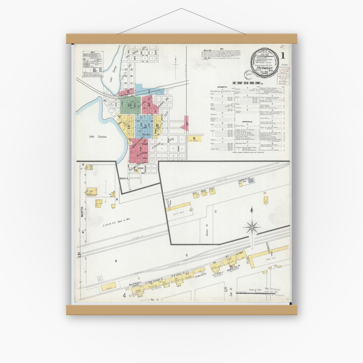 Old map wall art mockup — magnetic wood frame on white wall — Sanborn Fire Insurance Map from Fairmont, Martin County, Minnesota (1900), Sheet #0001