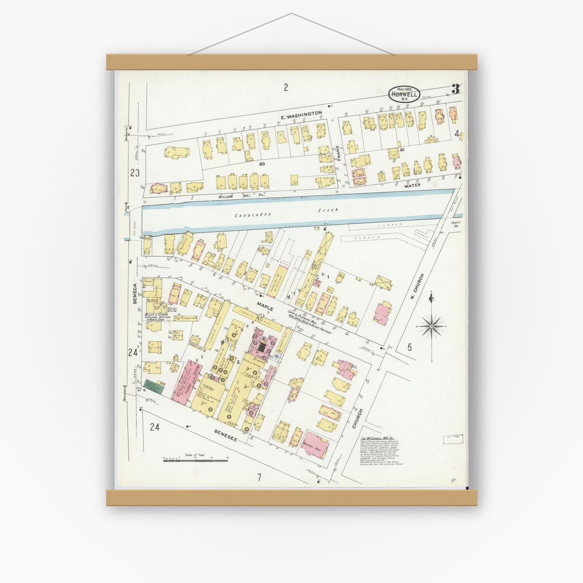 Old map wall art mockup — magnetic wood frame on white wall — Sanborn Fire Insurance Map from Hornell, Steuben County, New York (1909), Sheet #0003
