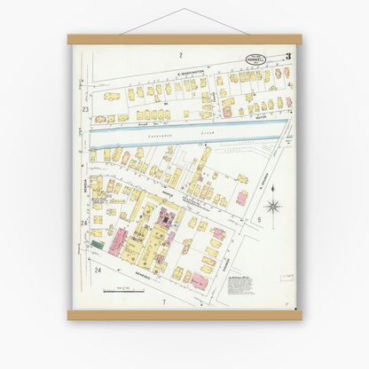 Old map wall art mockup — magnetic wood frame on white wall — Sanborn Fire Insurance Map from Hornell, Steuben County, New York (1909), Sheet #0003