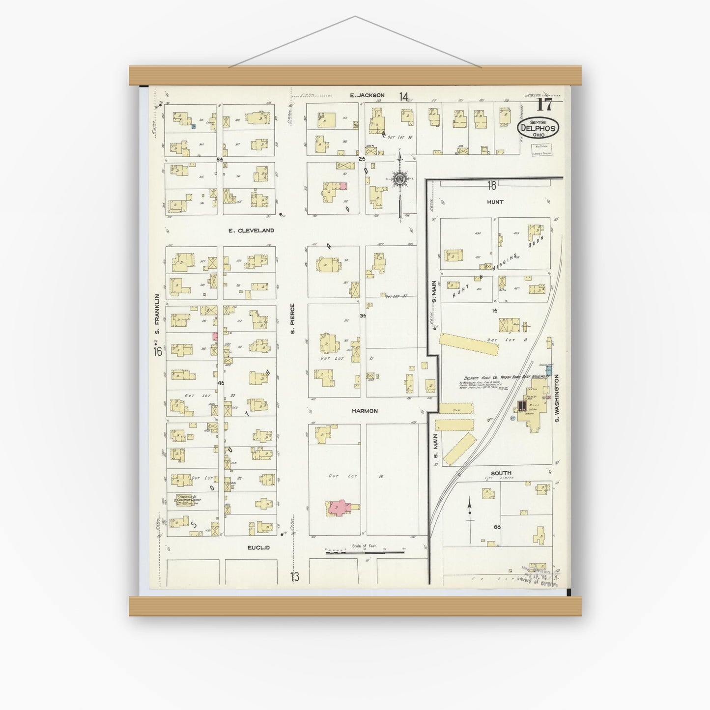 Old map wall art mockup — magnetic wood frame on white wall — Sanborn Fire Insurance Map from Delphos, Van Wert And Allen Counties, Ohio (1911), Sheet #0017