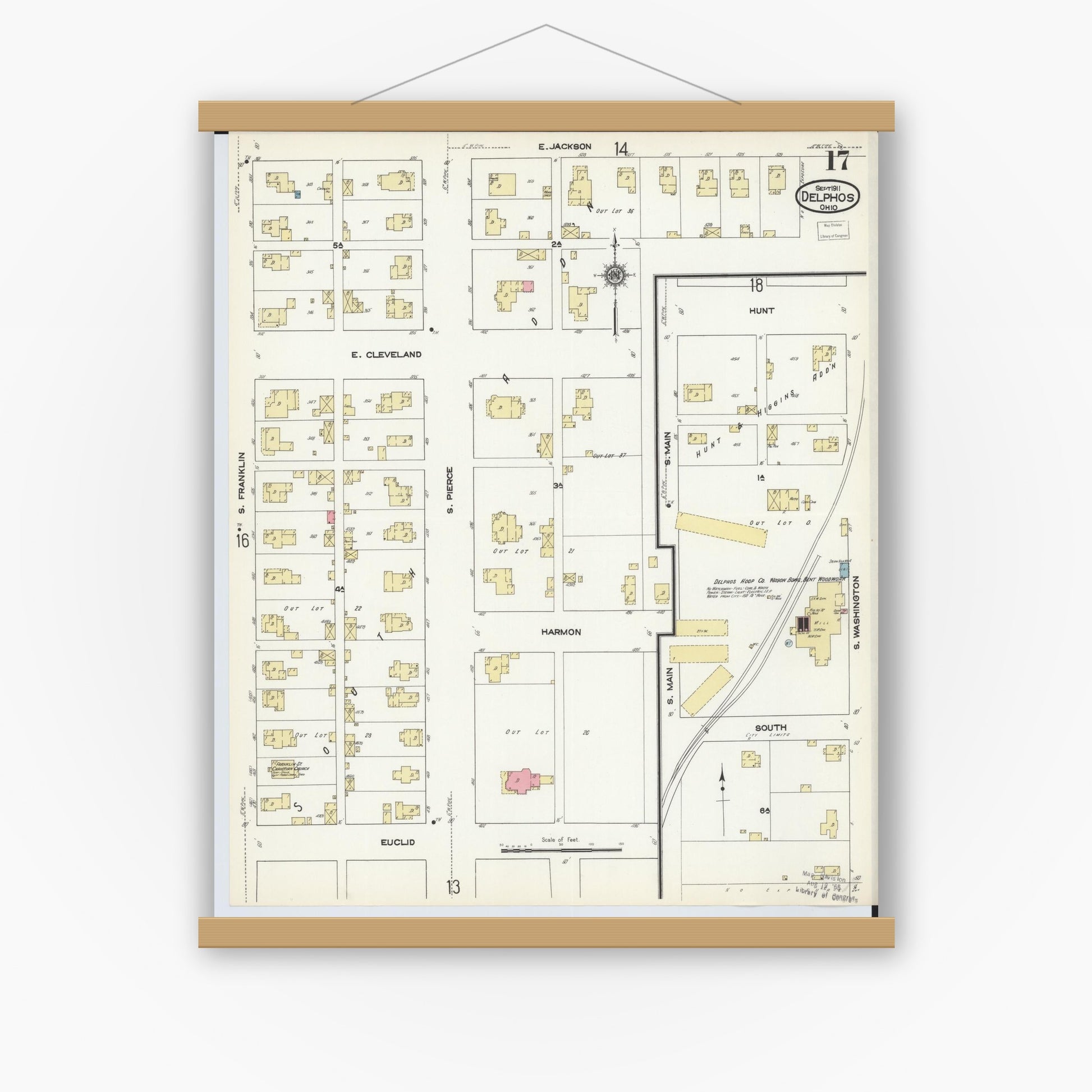 Old map wall art mockup — magnetic wood frame on white wall — Sanborn Fire Insurance Map from Delphos, Van Wert And Allen Counties, Ohio (1911), Sheet #0017