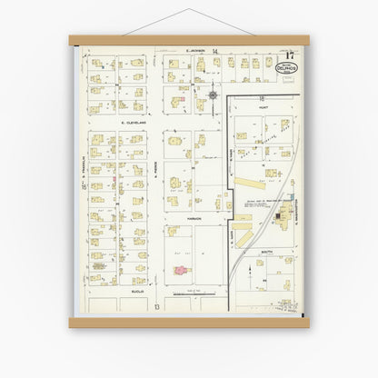 Old map wall art mockup — magnetic wood frame on white wall — Sanborn Fire Insurance Map from Delphos, Van Wert And Allen Counties, Ohio (1911), Sheet #0017