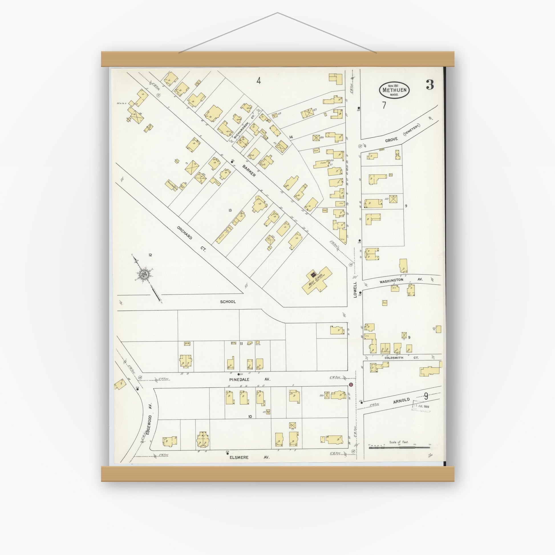 Old map wall art mockup — magnetic wood frame on white wall — Sanborn Fire Insurance Map from Methuen, Essex County, Massachusetts (1911), Sheet #0003