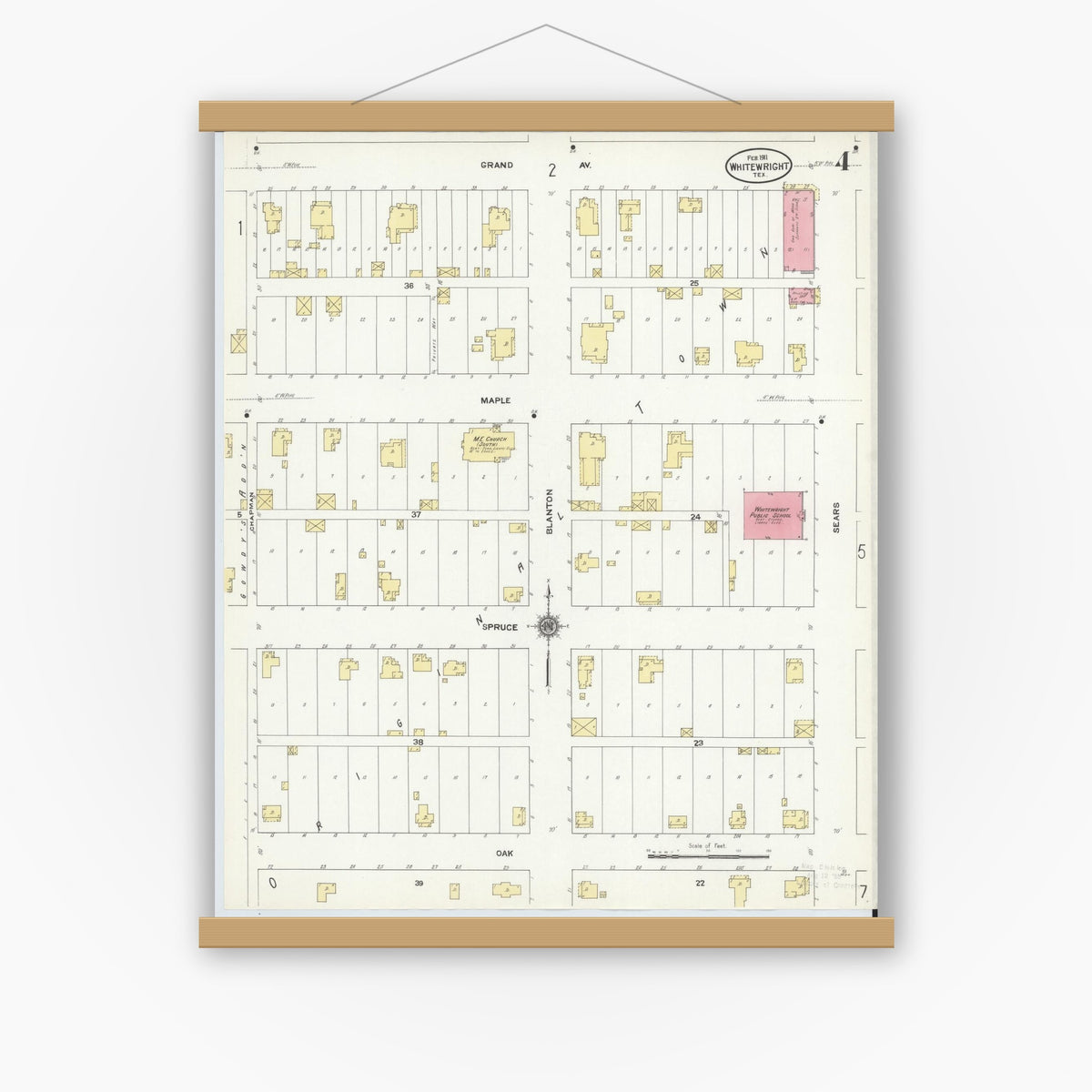 Old map wall art mockup — magnetic wood frame on white wall — Sanborn Fire Insurance Map from Whitewright, Grayson County, Texas (1911), Sheet #0004