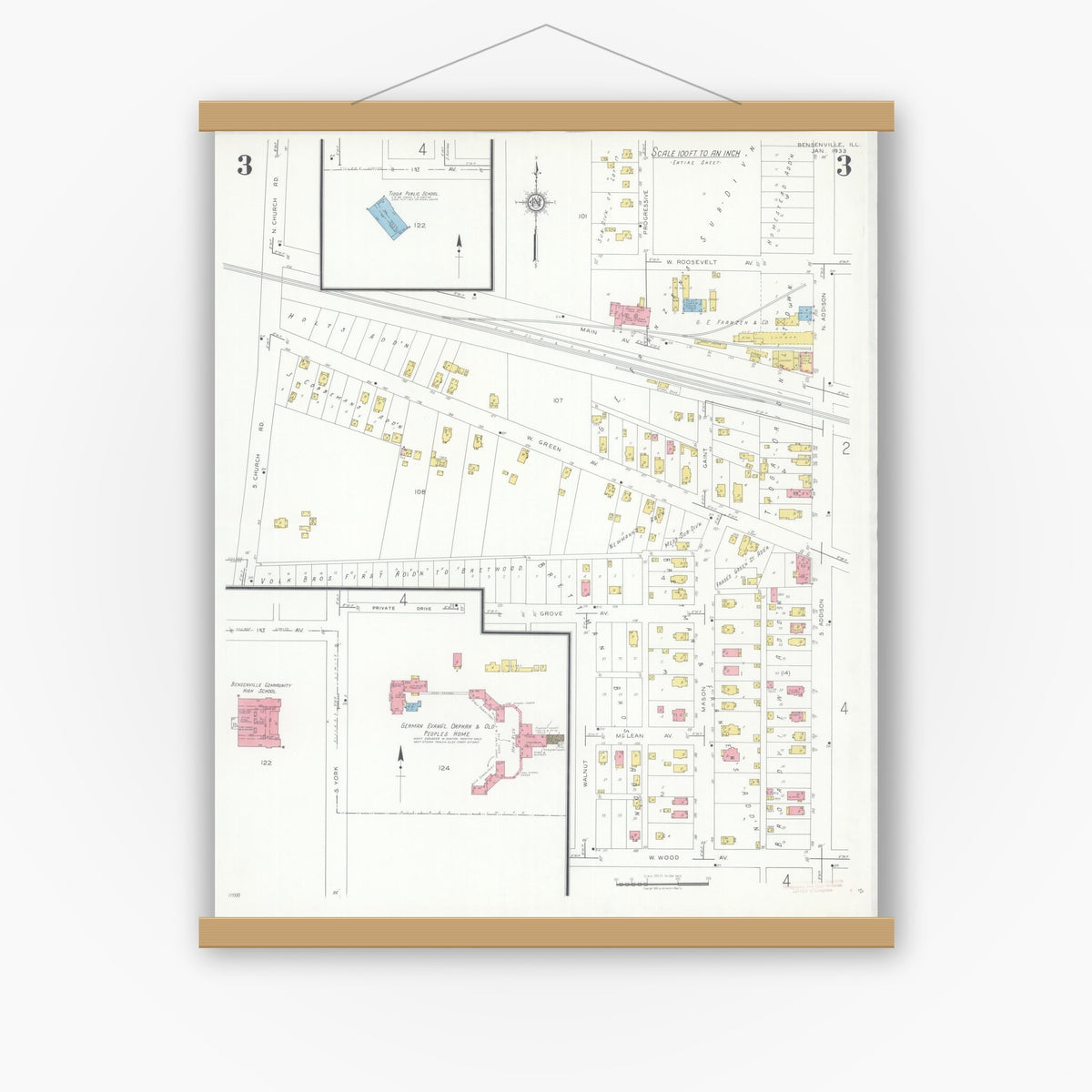 Old map wall art mockup — magnetic wood frame on white wall — Sanborn Fire Insurance Map from Bensenville, Dupage County, Illinois (1933), Sheet #0003