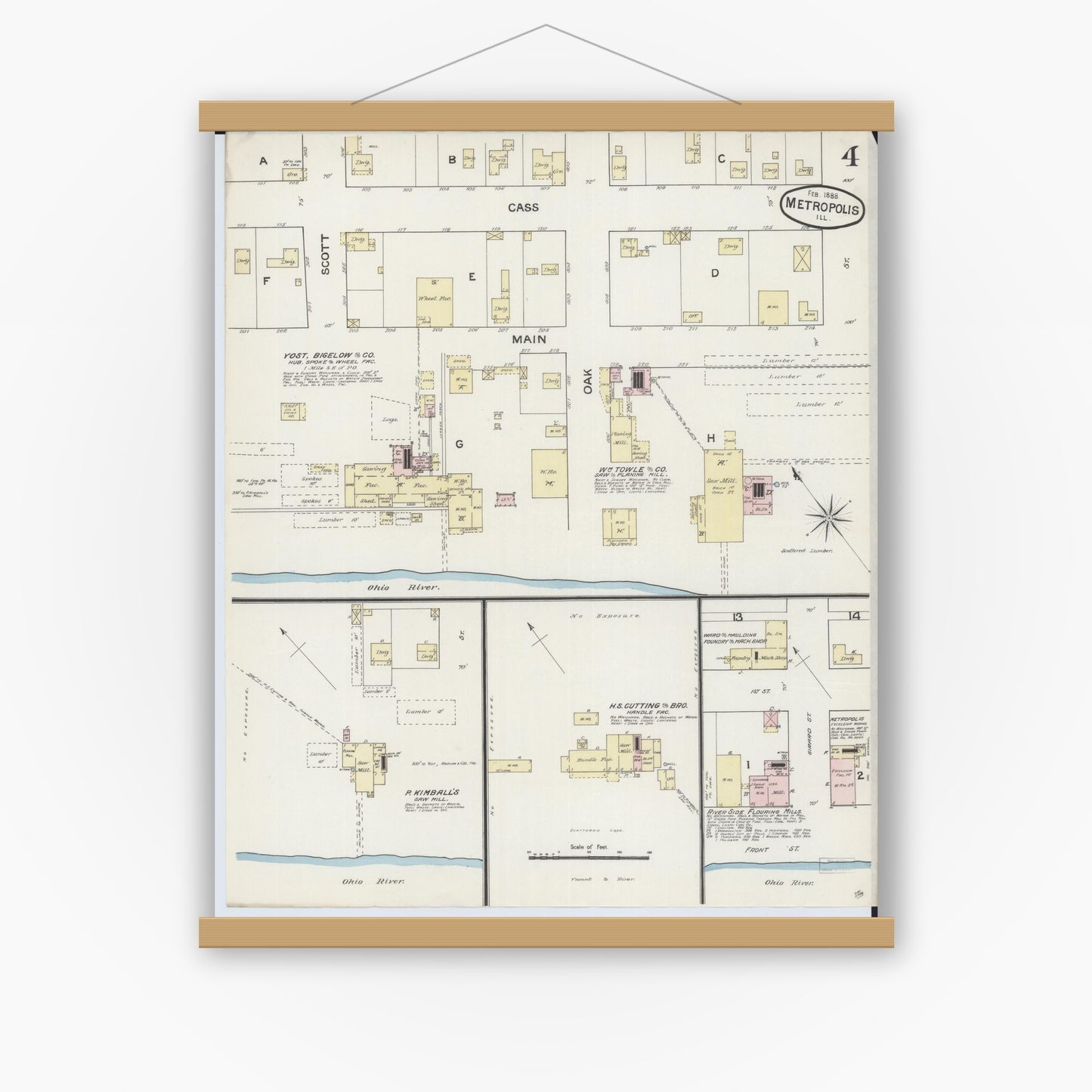 Old map wall art mockup — magnetic wood frame on white wall — Sanborn Fire Insurance Map from Metropolis, Massac County, Illinois (1888), Sheet #0004