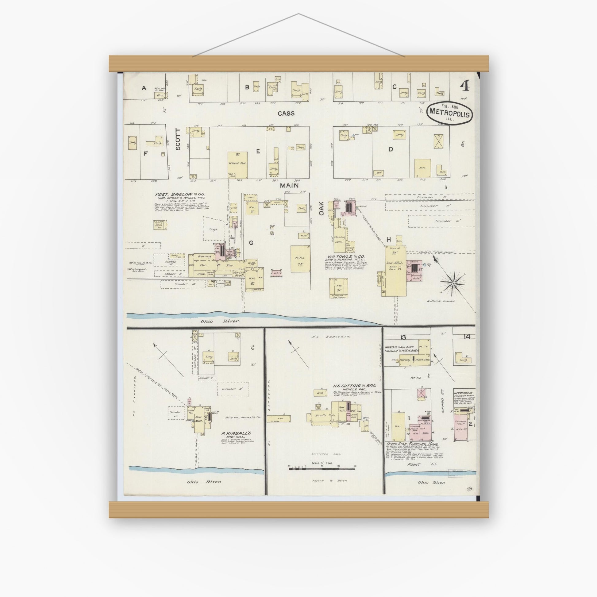Old map wall art mockup — magnetic wood frame on white wall — Sanborn Fire Insurance Map from Metropolis, Massac County, Illinois (1888), Sheet #0004
