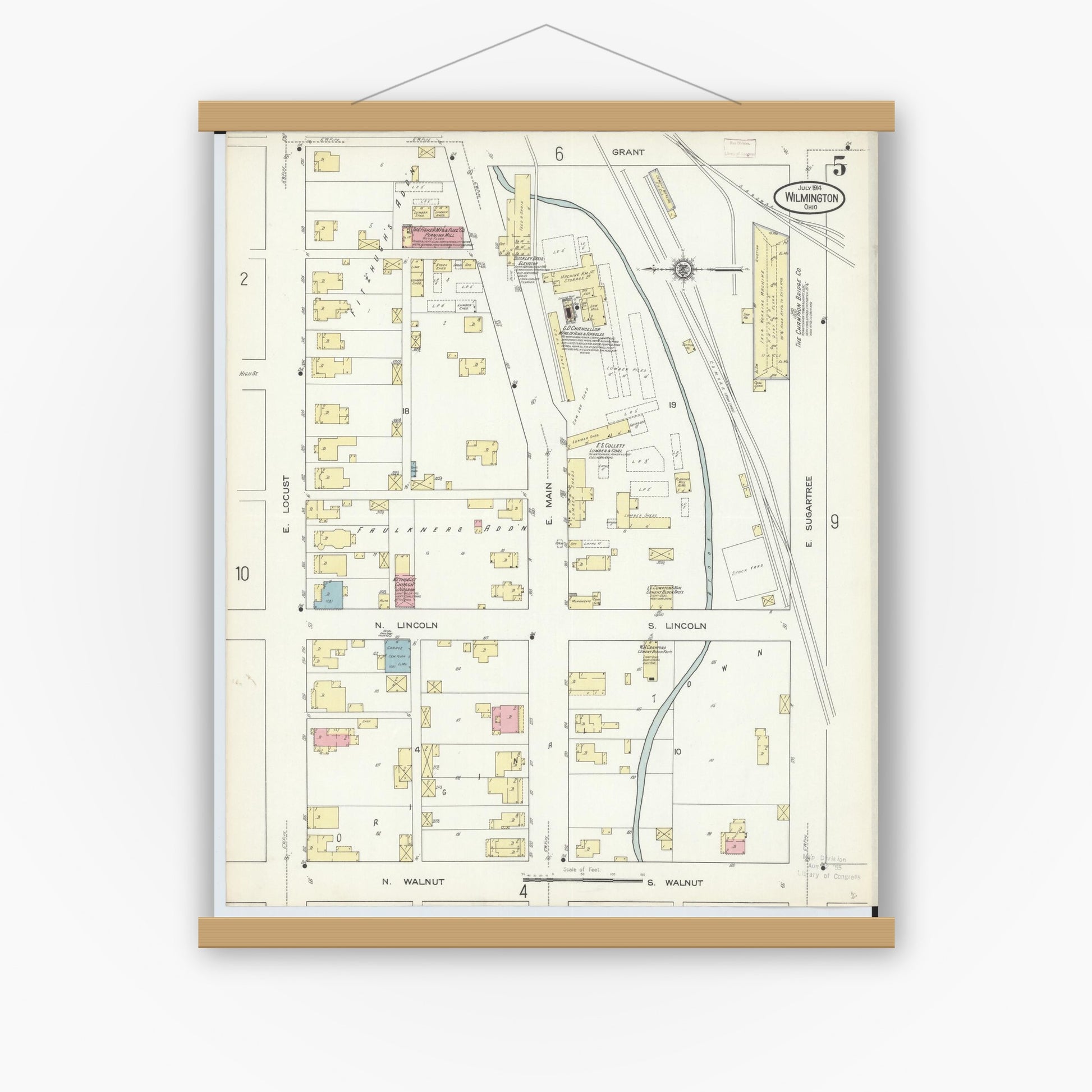 Old map wall art mockup — magnetic wood frame on white wall — Sanborn Fire Insurance Map from Wilmington, Clinton County, Ohio (1914), Sheet #0005