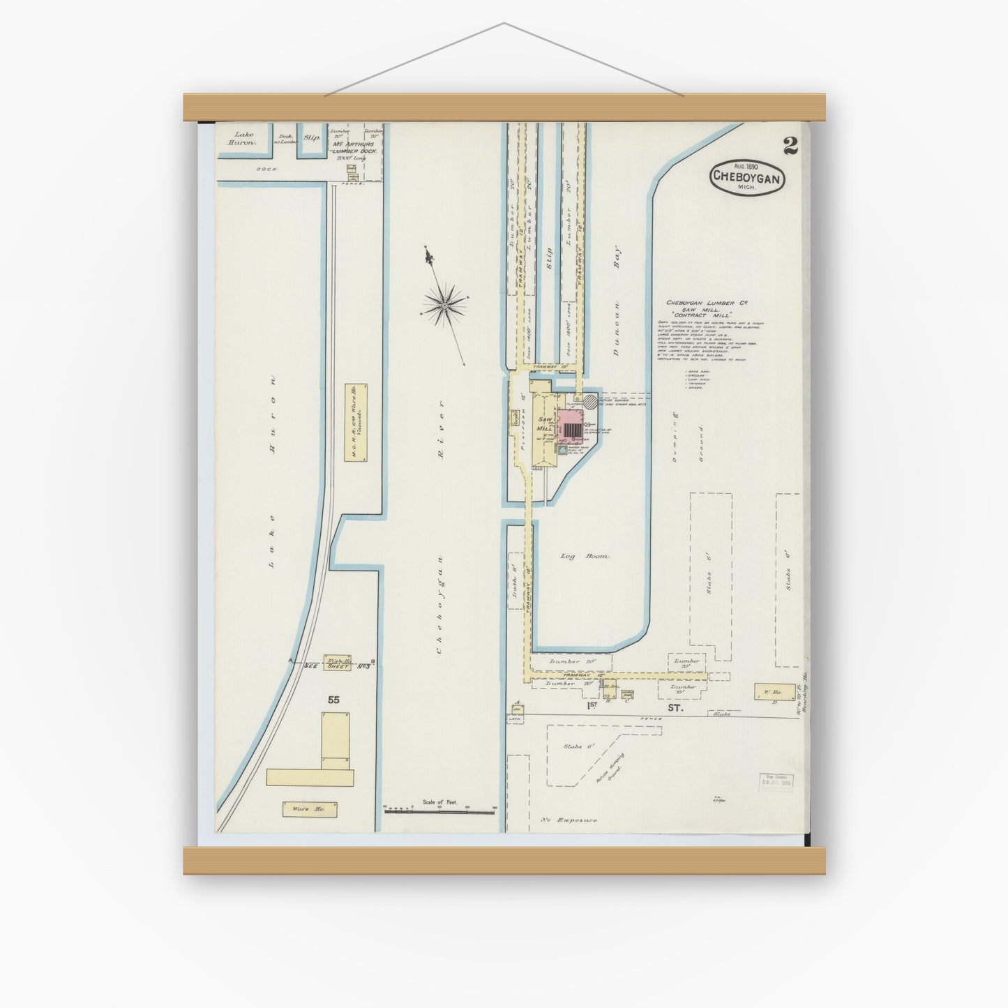 Old map wall art mockup — magnetic wood frame on white wall — Sanborn Fire Insurance Map from Cheboygan, Cheboygan County, Michigan (1890), Sheet #0002
