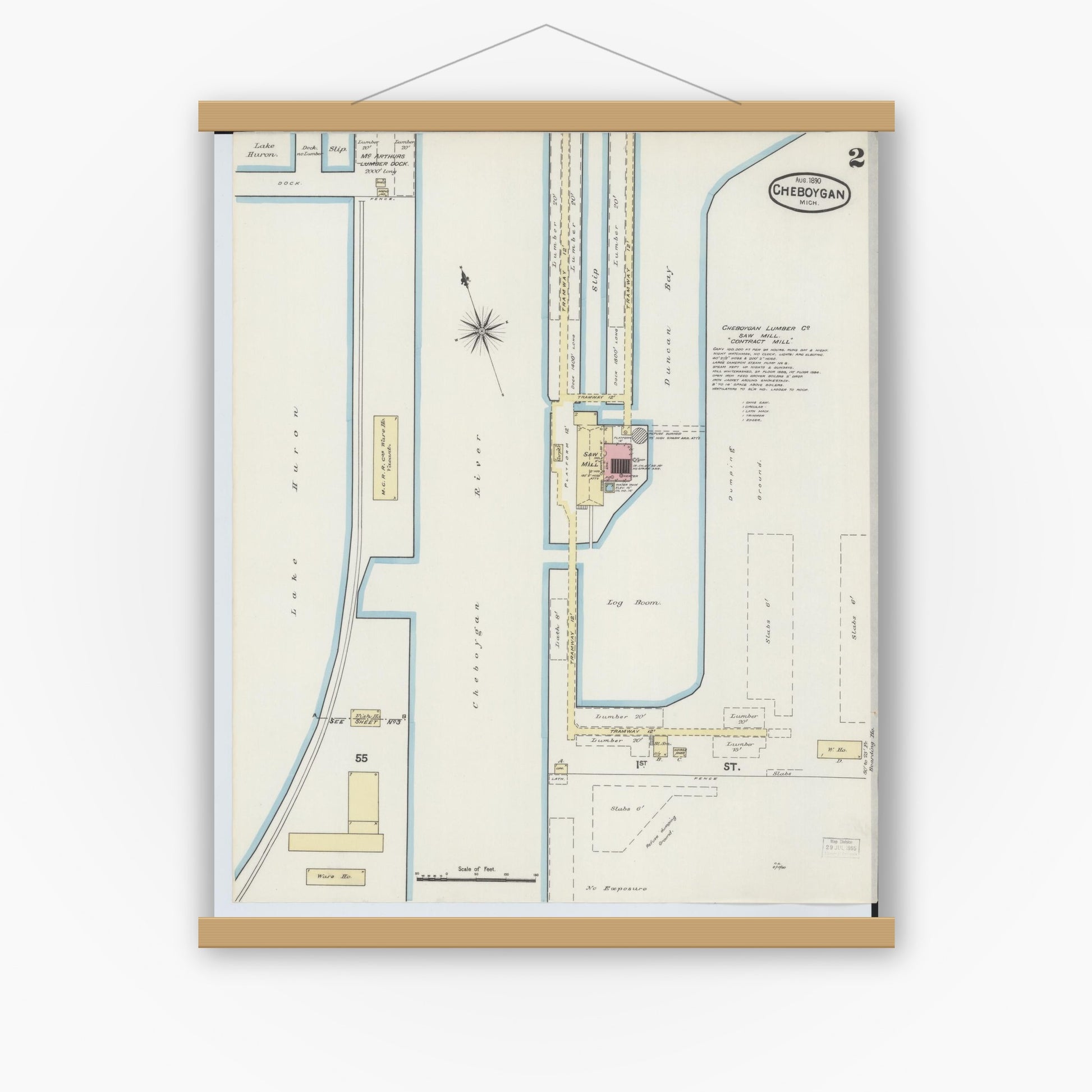 Old map wall art mockup — magnetic wood frame on white wall — Sanborn Fire Insurance Map from Cheboygan, Cheboygan County, Michigan (1890), Sheet #0002
