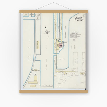 Old map wall art mockup — magnetic wood frame on white wall — Sanborn Fire Insurance Map from Cheboygan, Cheboygan County, Michigan (1890), Sheet #0002