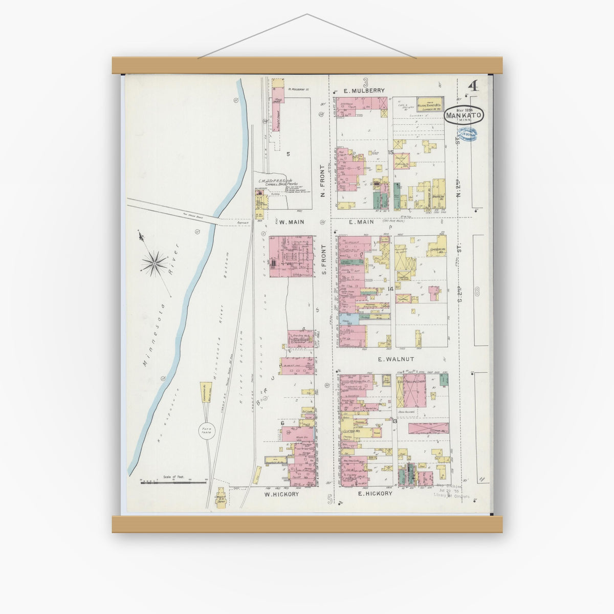 Old map wall art mockup — magnetic wood frame on white wall — Sanborn Fire Insurance Map from Mankato, Blue Earth County, Minnesota (1894), Sheet #0004