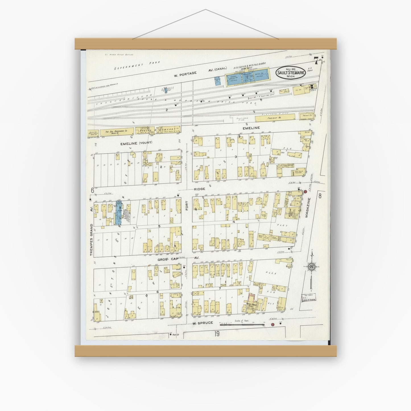 Old map wall art mockup — magnetic wood frame on white wall — Sanborn Fire Insurance Map from Sault Sainte Marie, Chippewa County, Michigan (1915), Sheet #0007