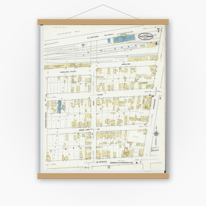 Old map wall art mockup — magnetic wood frame on white wall — Sanborn Fire Insurance Map from Sault Sainte Marie, Chippewa County, Michigan (1915), Sheet #0007