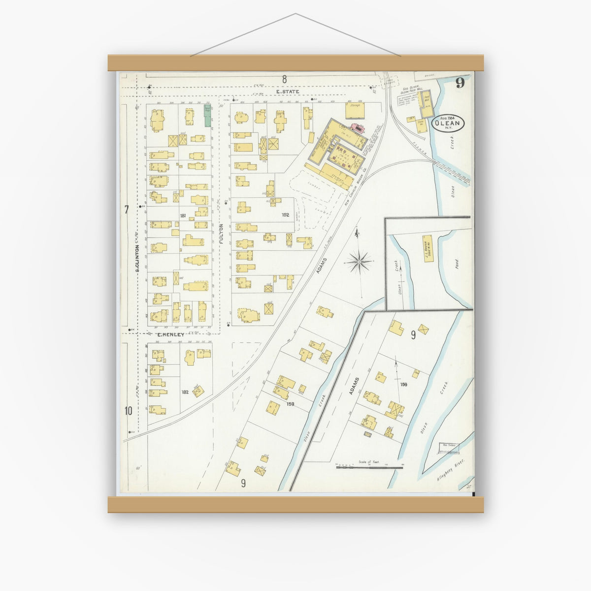 Old map wall art mockup — magnetic wood frame on white wall — Sanborn Fire Insurance Map from Olean, Cattaraugus County, New York (1904), Sheet #0009