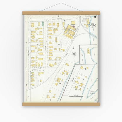 Old map wall art mockup — magnetic wood frame on white wall — Sanborn Fire Insurance Map from Olean, Cattaraugus County, New York (1904), Sheet #0009