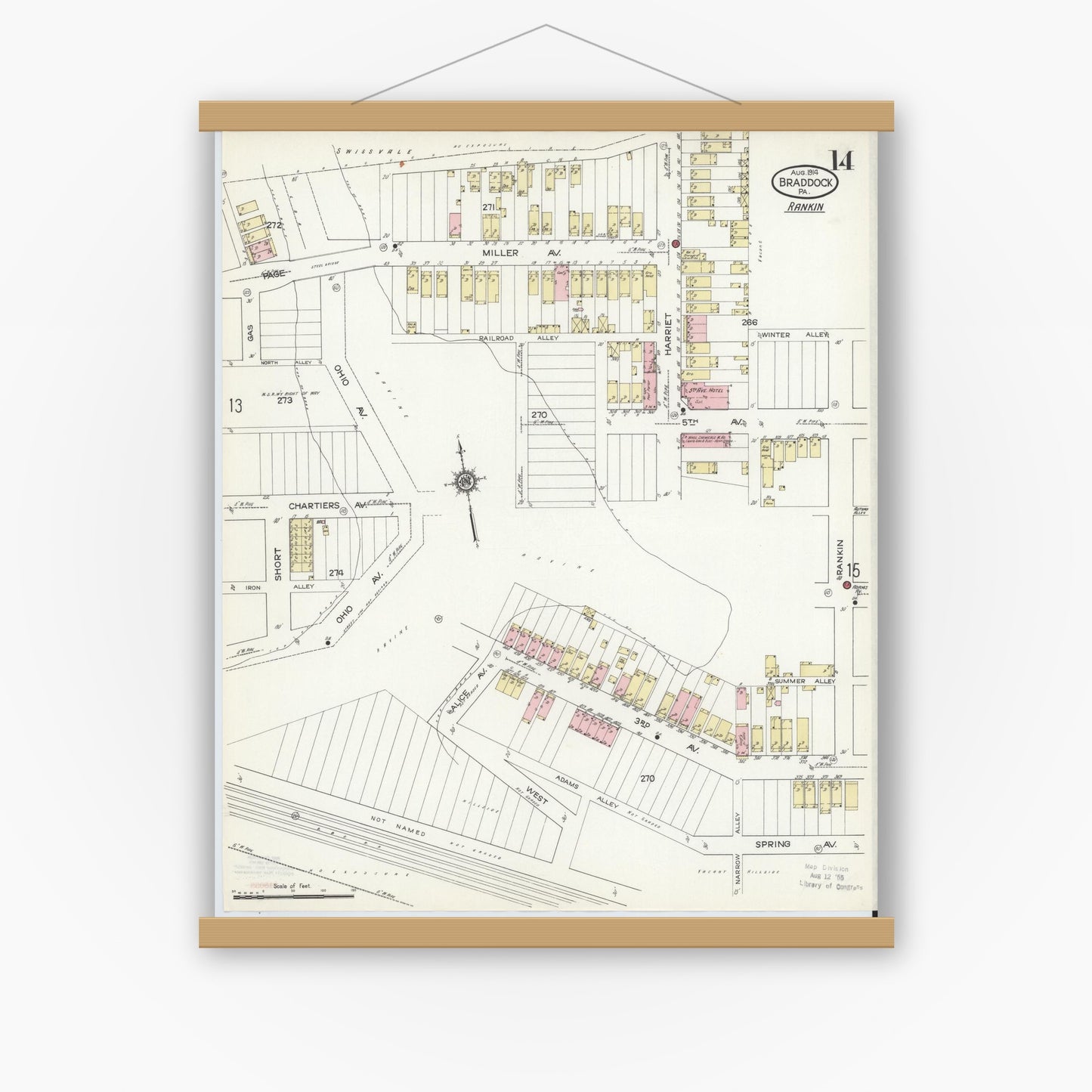 Old map wall art mockup — magnetic wood frame on white wall — Sanborn Fire Insurance Map from Braddock, Allegheny County, Pennsylvania (1914), Sheet #0014