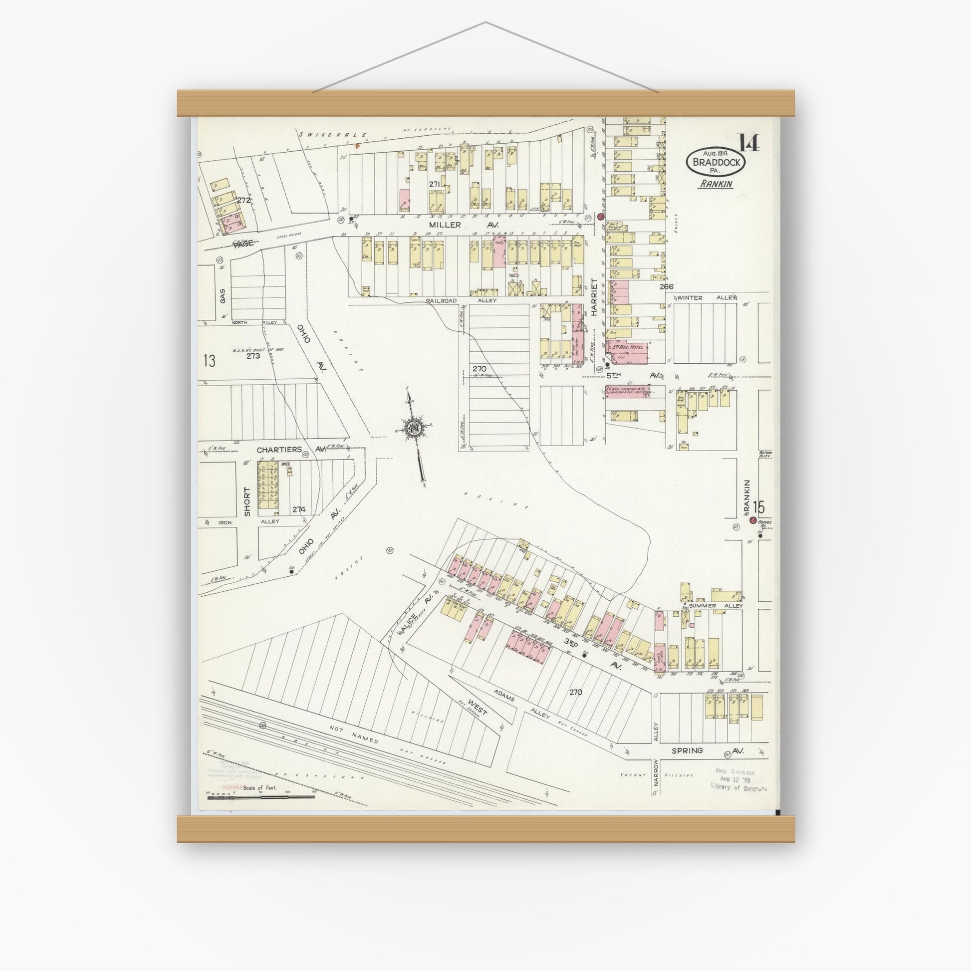 Old map wall art mockup — magnetic wood frame on white wall — Sanborn Fire Insurance Map from Braddock, Allegheny County, Pennsylvania (1914), Sheet #0014