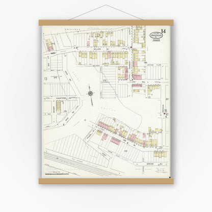 Old map wall art mockup — magnetic wood frame on white wall — Sanborn Fire Insurance Map from Braddock, Allegheny County, Pennsylvania (1914), Sheet #0014