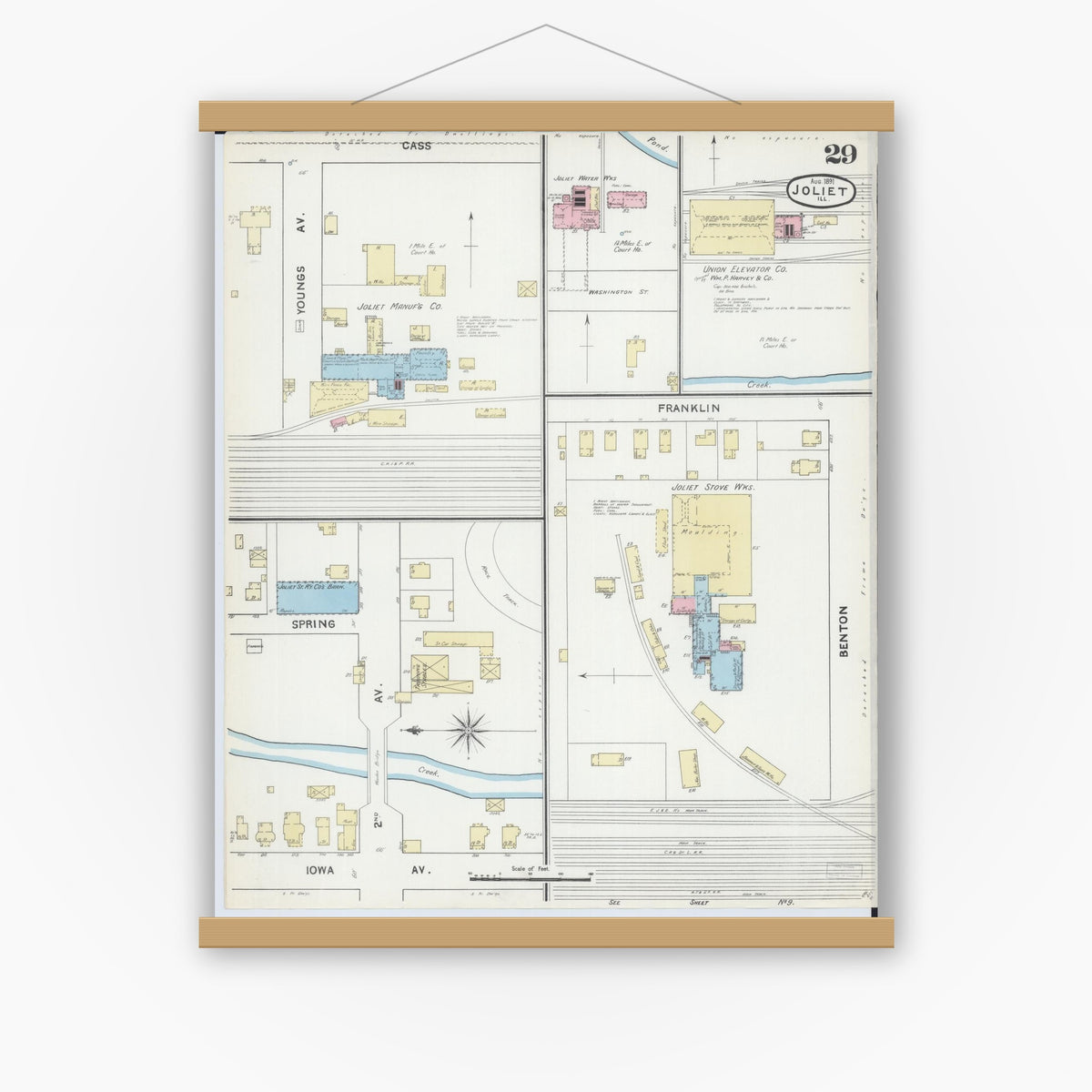 Old map wall art mockup — magnetic wood frame on white wall — Sanborn Fire Insurance Map from Joliet, Will County, Illinois (1891), Sheet #0029