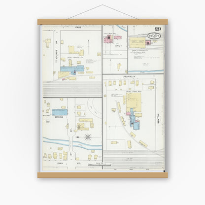Old map wall art mockup — magnetic wood frame on white wall — Sanborn Fire Insurance Map from Joliet, Will County, Illinois (1891), Sheet #0029