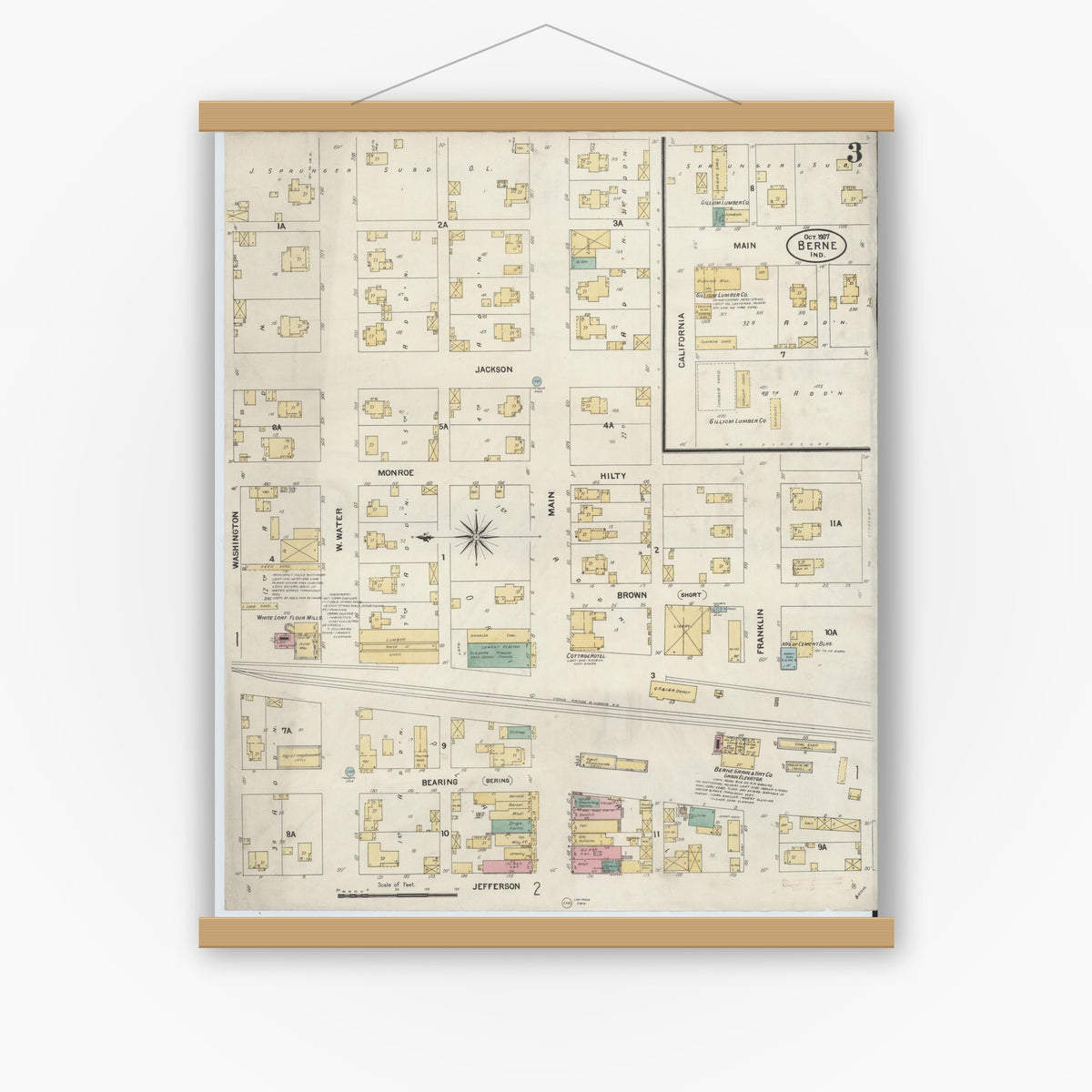 Old map wall art mockup — magnetic wood frame on white wall — Sanborn Fire Insurance Map from Berne, Adams County, Indiana (1907), Sheet #0003