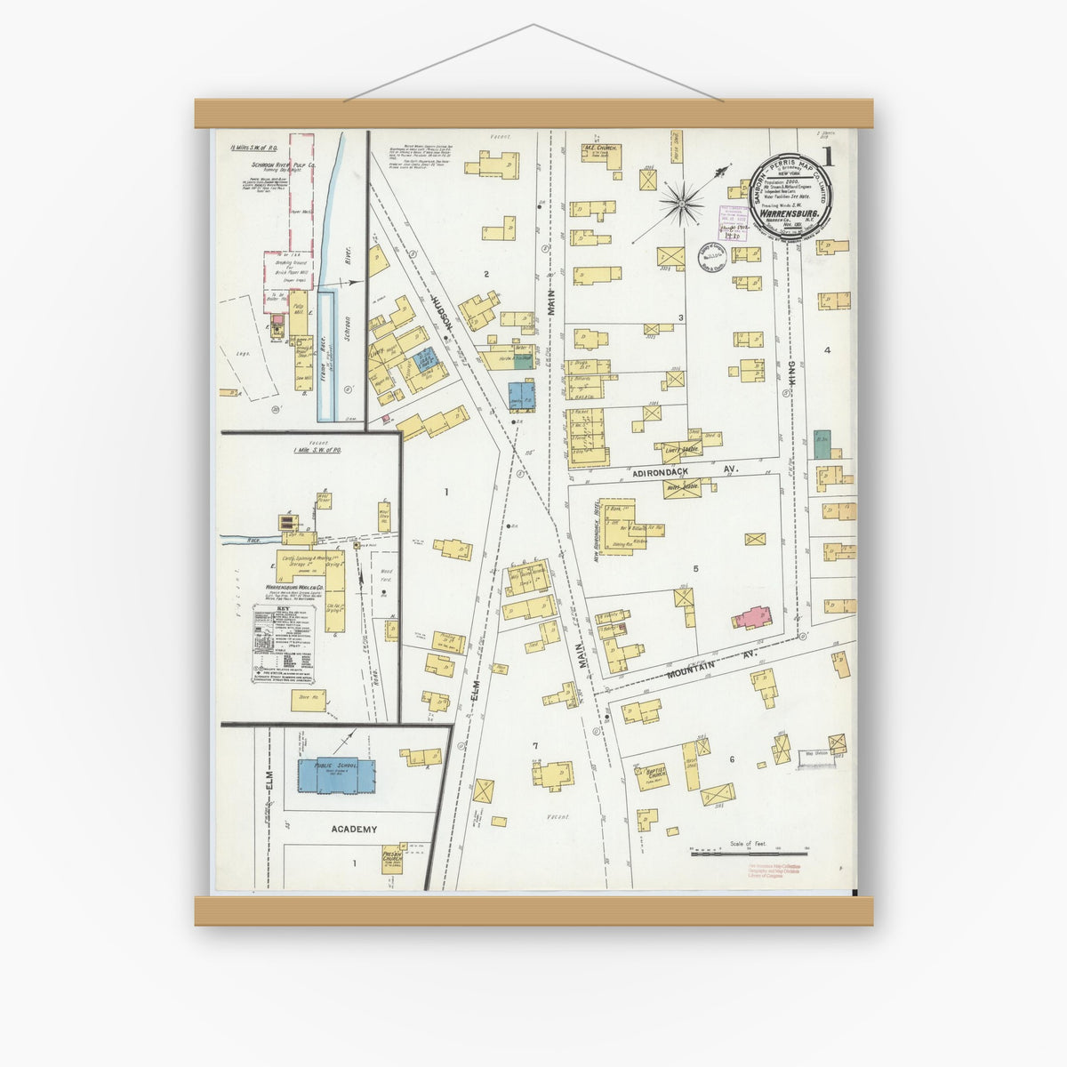 Old map wall art mockup — magnetic wood frame on white wall — Sanborn Fire Insurance Map from Warrensburg, Warren County, New York (1901) - Complete Map Set