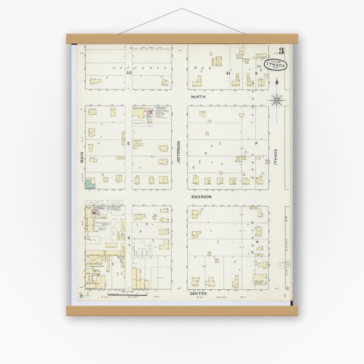 Old map wall art mockup — magnetic wood frame on white wall — Sanborn Fire Insurance Map from Ithaca, Gratiot County, Michigan (1891), Sheet #0003