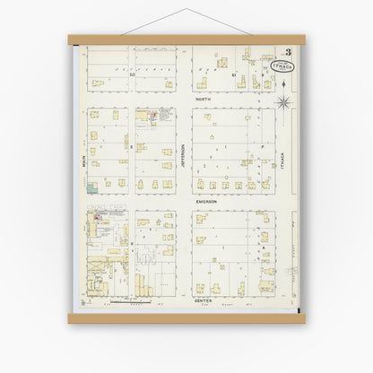 Old map wall art mockup — magnetic wood frame on white wall — Sanborn Fire Insurance Map from Ithaca, Gratiot County, Michigan (1891), Sheet #0003