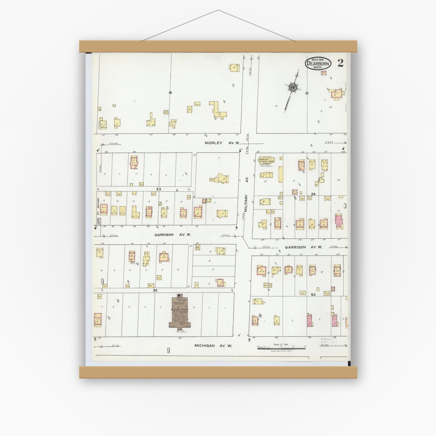 Old map wall art mockup — magnetic wood frame on white wall — Sanborn Fire Insurance Map from Dearborn, Wayne County, Michigan (1919), Sheet #0002