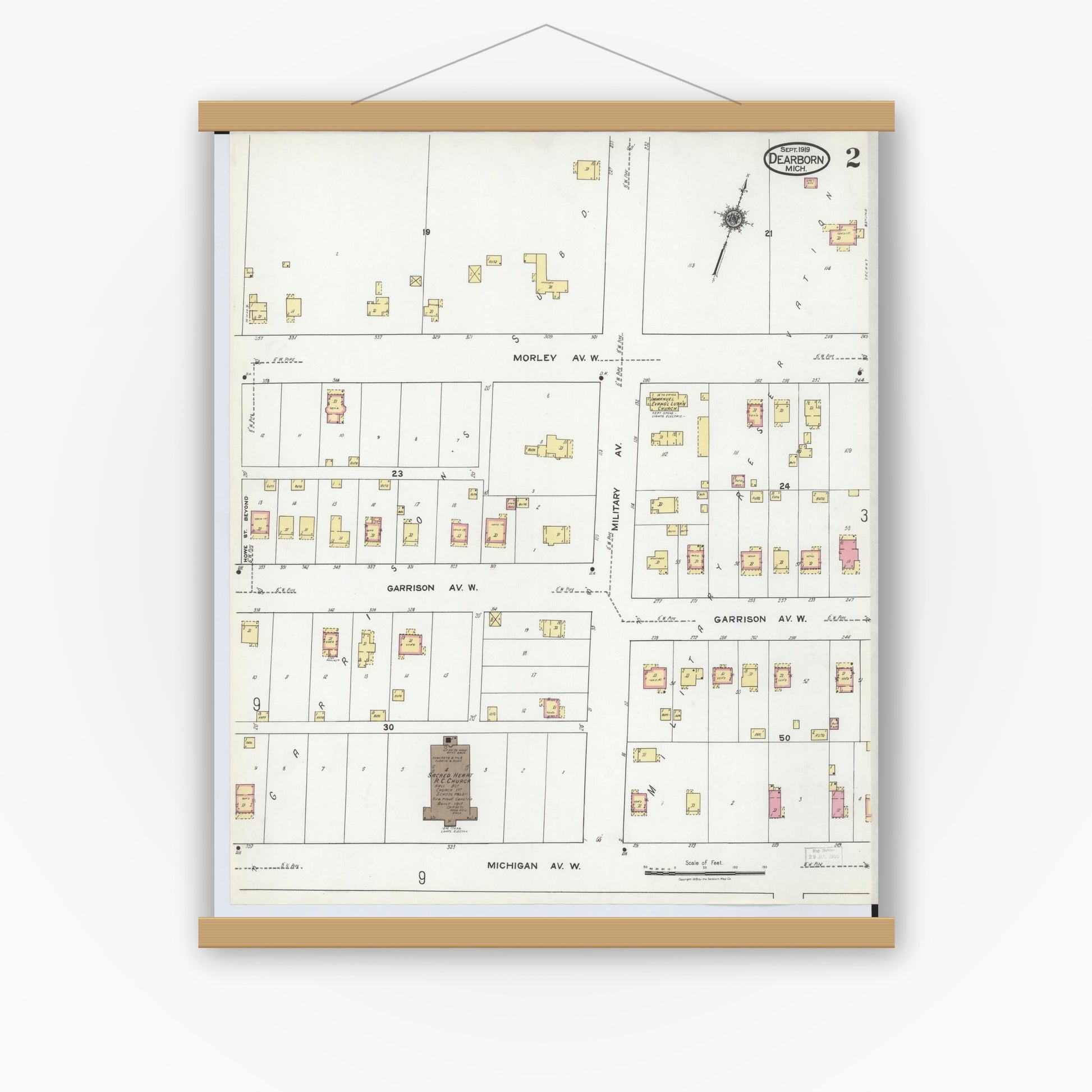 Old map wall art mockup — magnetic wood frame on white wall — Sanborn Fire Insurance Map from Dearborn, Wayne County, Michigan (1919), Sheet #0002
