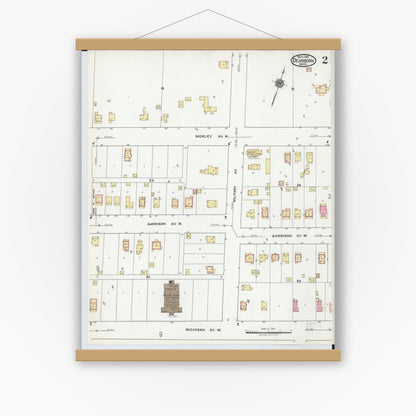 Old map wall art mockup — magnetic wood frame on white wall — Sanborn Fire Insurance Map from Dearborn, Wayne County, Michigan (1919), Sheet #0002