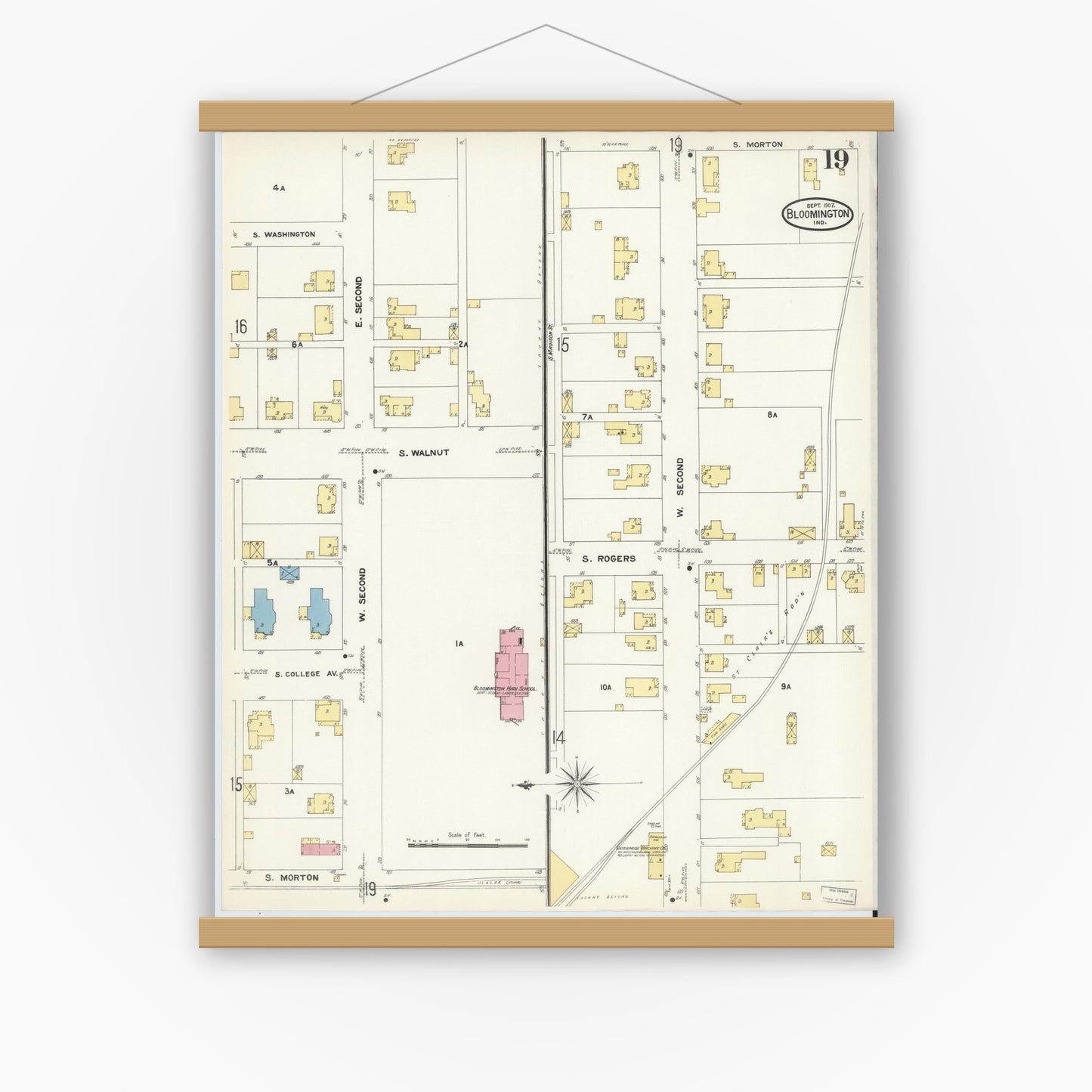 Old map wall art mockup — magnetic wood frame on white wall — Sanborn Fire Insurance Map from Bloomington, Monroe County, Indiana (1907), Sheet #0019