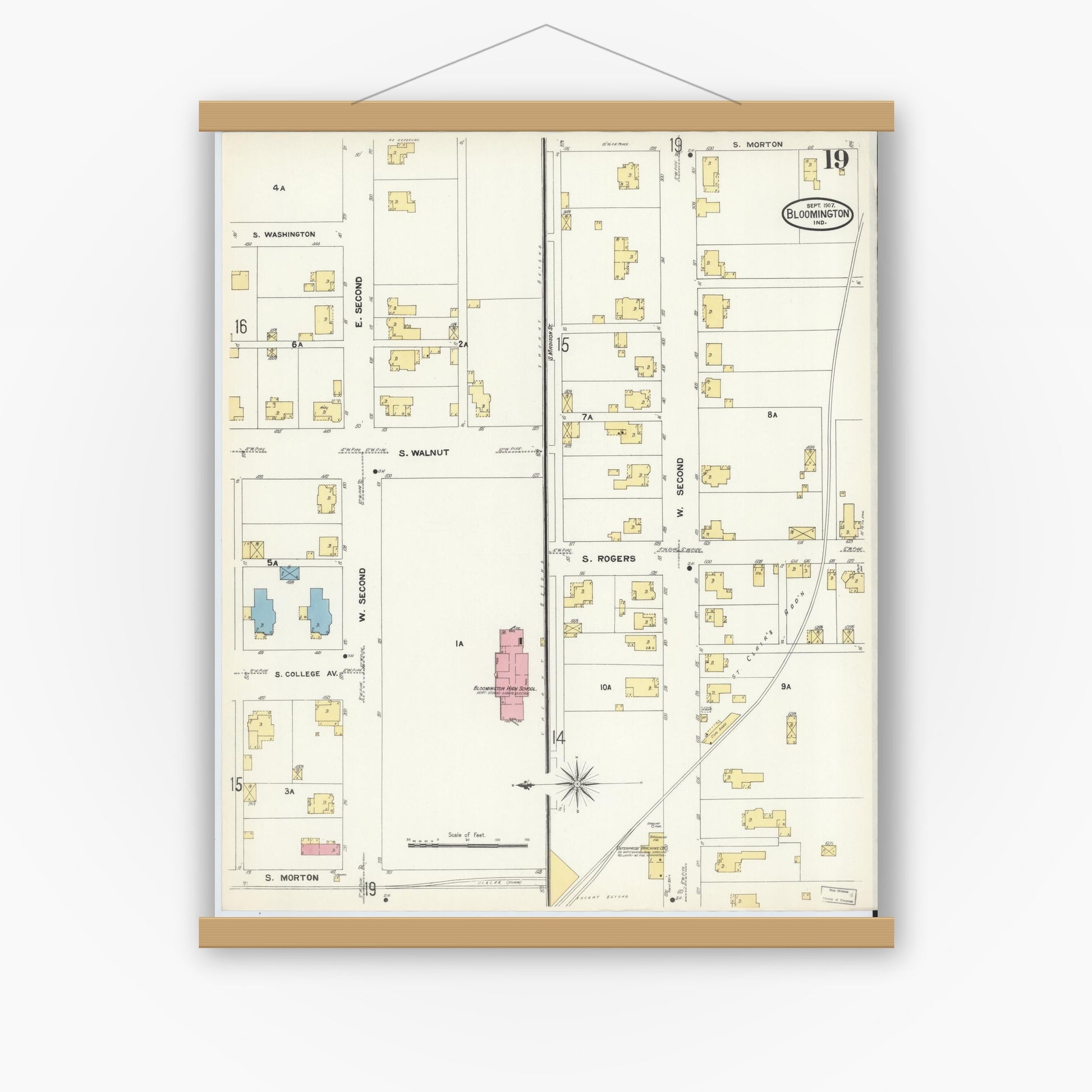 Old map wall art mockup — magnetic wood frame on white wall — Sanborn Fire Insurance Map from Bloomington, Monroe County, Indiana (1907), Sheet #0019
