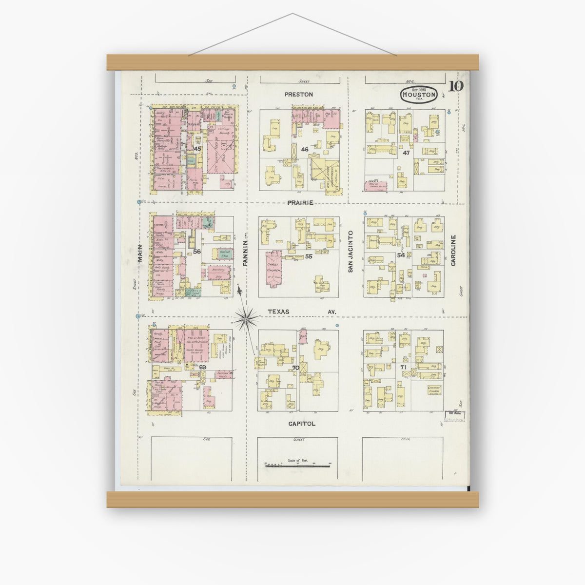 Old map wall art mockup — magnetic wood frame on white wall — Sanborn Fire Insurance Map from Houston, Harris County, Texas (1890), Sheet #0010