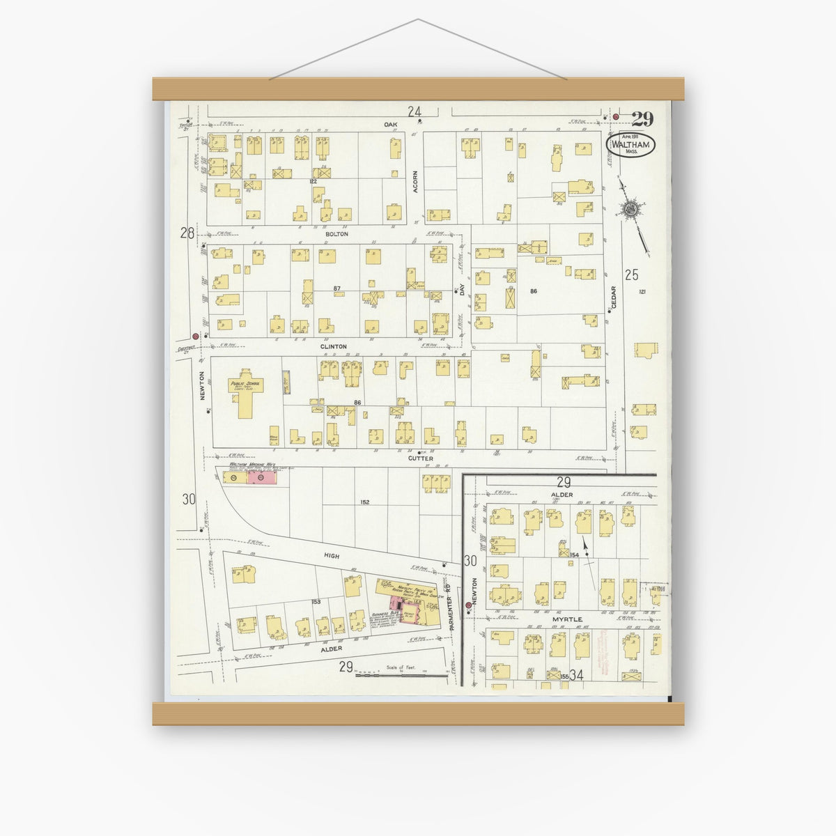 Old map wall art mockup — magnetic wood frame on white wall — Sanborn Fire Insurance Map from Waltham, Middlesex County, Massachusetts (1911), Sheet #0029